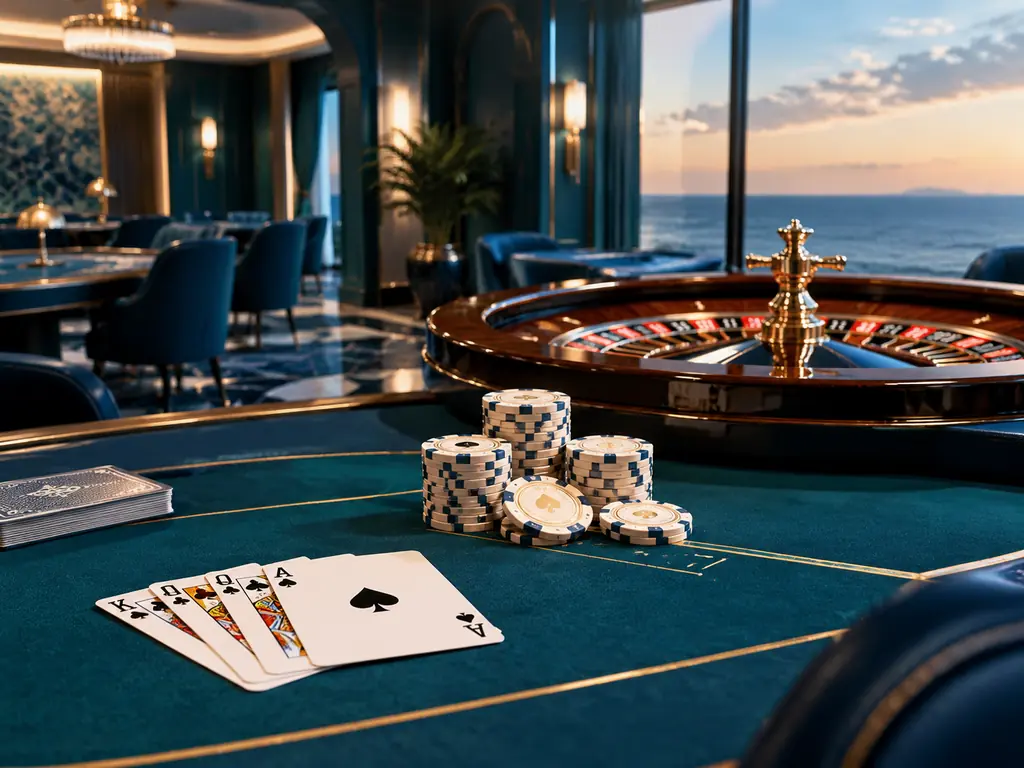 Susunan kartu, chip dan roda roulette di ruang kasino