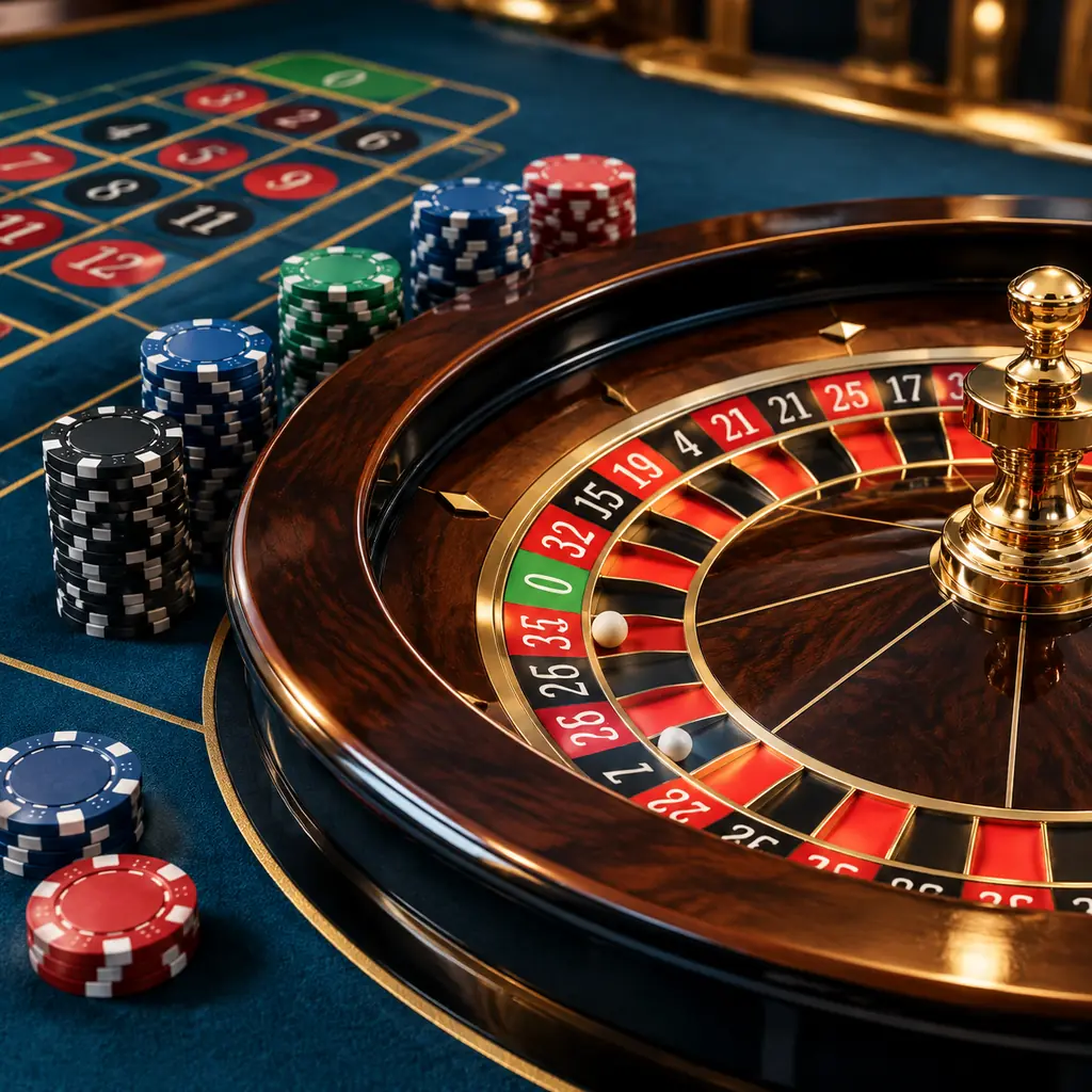 Roda roulette dan chip pada kain meja biru kehijauan