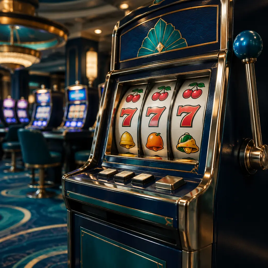 Kabinet slot bersimbol buah di ruangan kasino biru laut